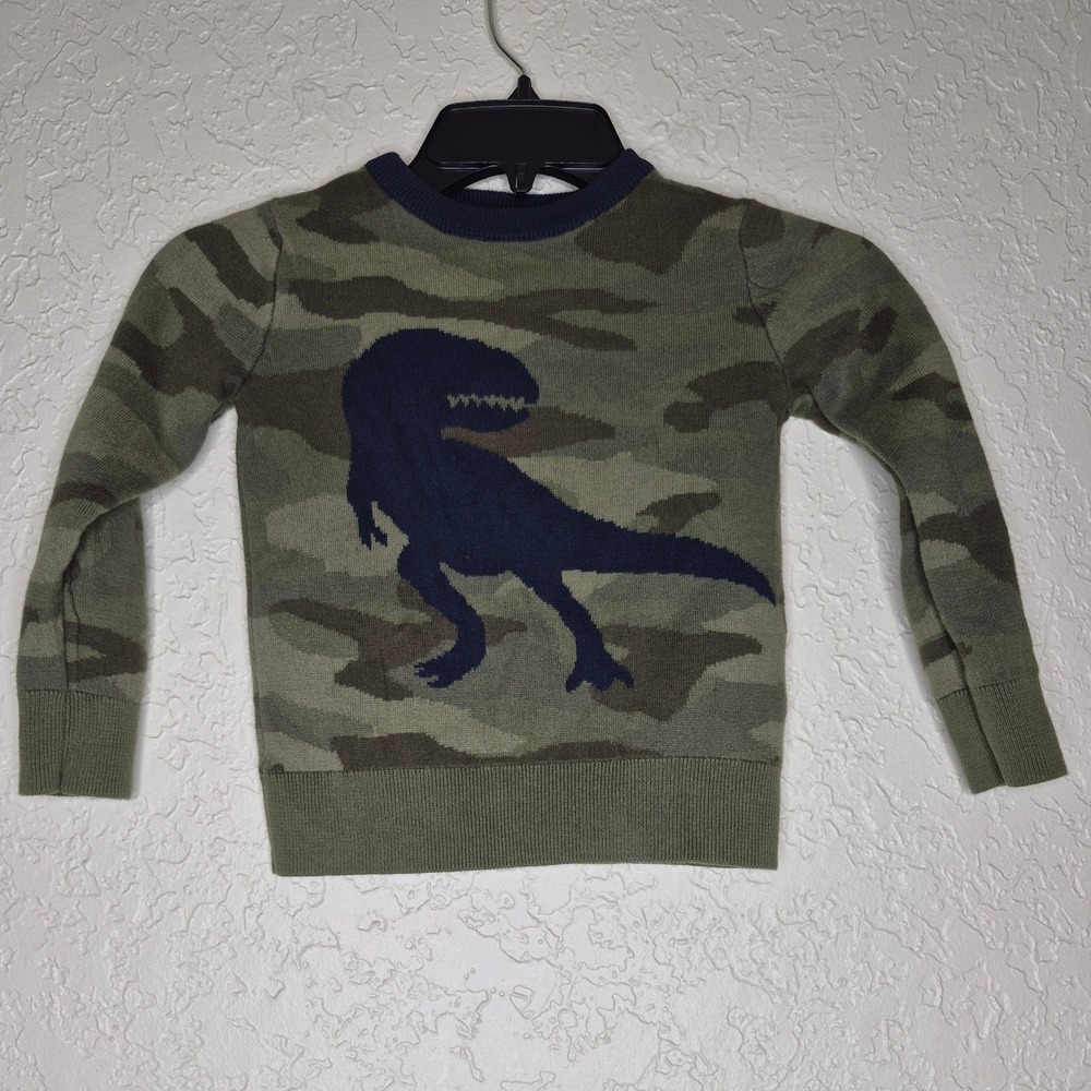 Baby Gap Toddler Boys Green Camo Dinosaur T-Rex Cotton Knit Sweater Size 5 Years